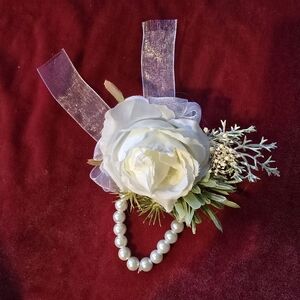 Pearl Beaded Wrist Corsage with White Organza Bow And Rose